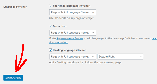 Elegir las opciones del selector de idioma y guardar los cambios en TranslatePress