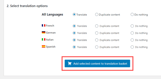 Añadir las páginas de producto elegidas a tu cesta de traducción
