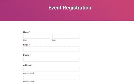 Vista previa del formulario de inscripción al evento