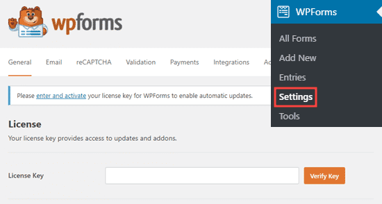 Introducir la clave de licencia de WPForms en tu sitio web