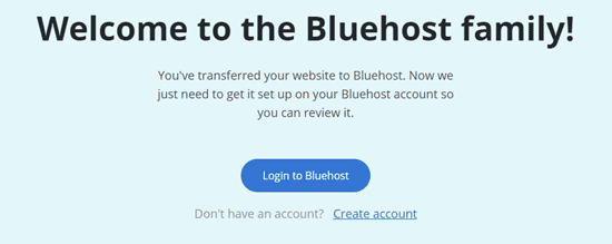 El mensaje de bienvenida después de usar el Migrador de Sitios de Bluehost
