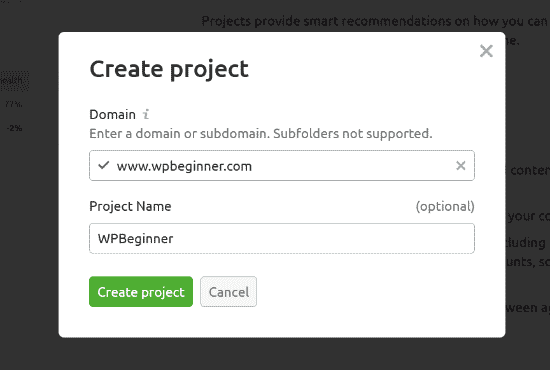 Introduce tu dominio y añade un nombre de proyecto