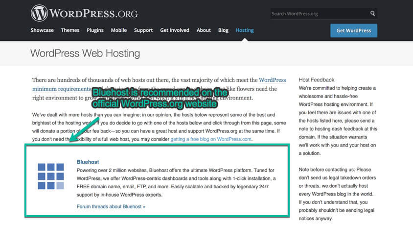 Wordpress recomienda el alojamiento de Bluehost
