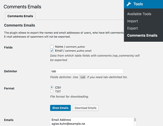 Exportar la dirección de correo electrónico del autor del comentario en WordPress