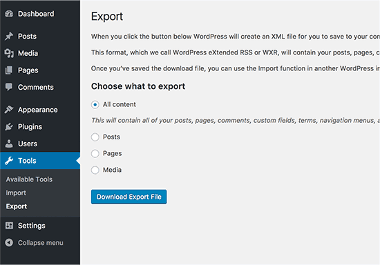 Exporta el contenido de tu antiguo sitio de WordPress