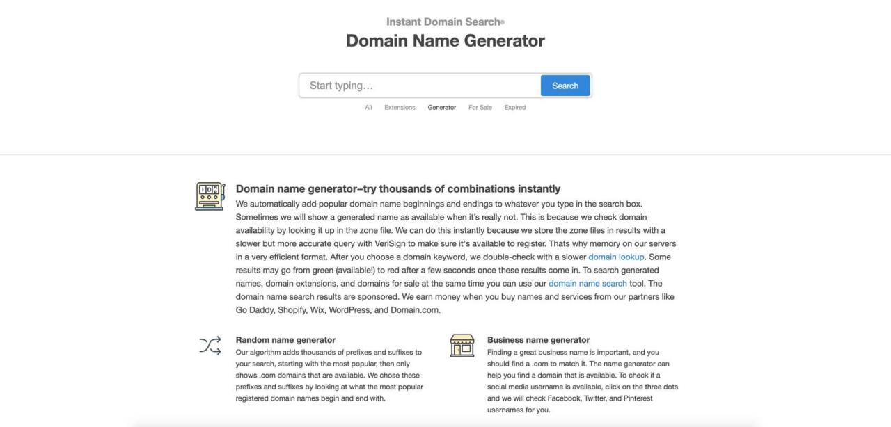 Página de inicio de la búsqueda instantánea de dominios