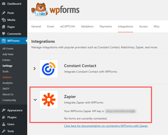 Obtención de la clave de la API de Zapier desde WPForms