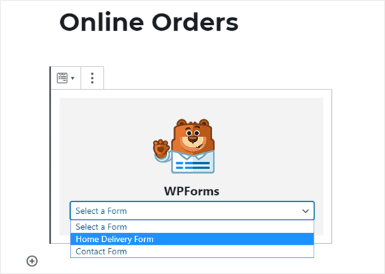 Seleccionar tu formulario de pedido online en la lista desplegable de WPForms