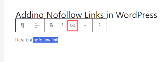 Resaltar un texto y hacer clic en el icono del enlace en el editor de bloques