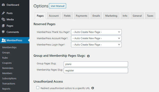 Sólo algunas de las opciones de configuración en MemberPress