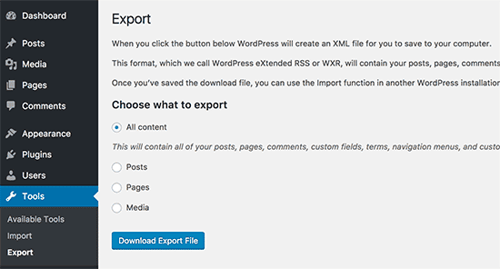 Descargar el archivo de exportación de WordPress