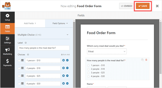 Guarda tu formulario de pedido de comida online