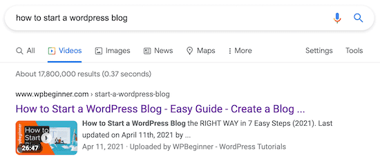 Página de resultados de búsqueda SEO de vídeos de WordPress