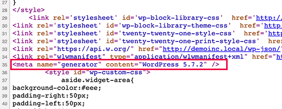 La versión de WordPress se muestra en el código fuente por defecto