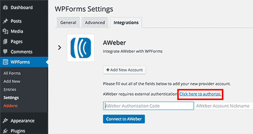 Integración de AWeber en la configuración de WPForms
