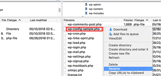 Cambiar el nombre del archivo wp-config-sample.php