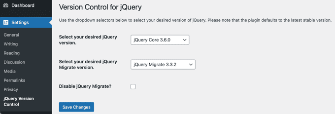 Elige la versión de jQuery que deseas ejecutar