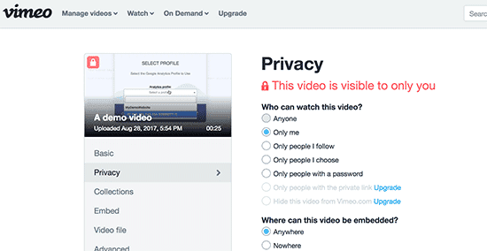 Privacidad de los vídeos de Vimeo