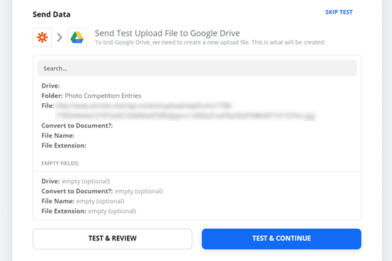 Envío del archivo de prueba a Google Drive mediante Zapier