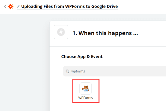 Elección de la aplicación WPForms en Zapier