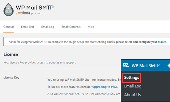 Página de configuración del plugin WP Mail SMTP