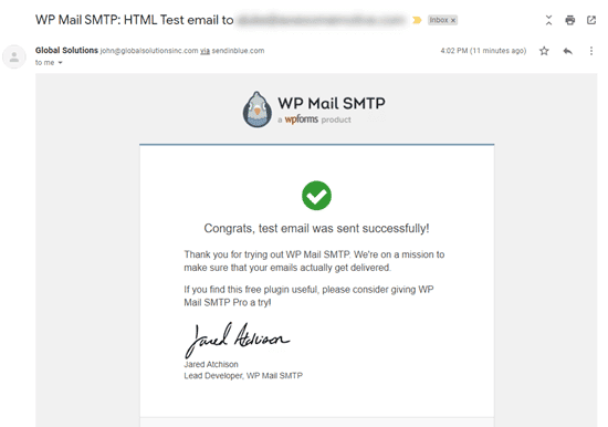 El correo de prueba de WP Mail SMTP en nuestra bandeja de entrada