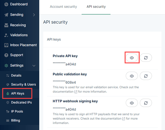 Copiar tu clave API privada de Mailgun