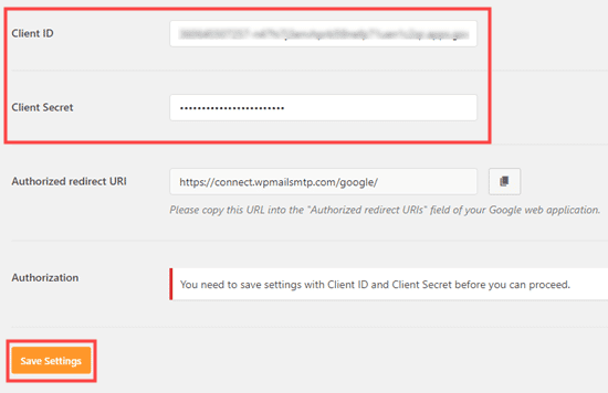 Introducir tu ID de cliente y tu secreto de cliente en la configuración SMTP de WP Mail