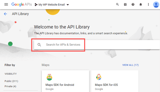 La barra de búsqueda de la biblioteca API