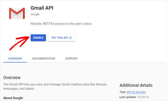 Haciendo clic en el botón Habilitar para la API de Gmail