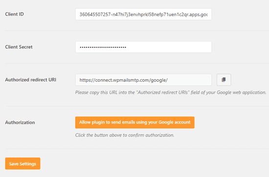 Haz clic en el botón para autorizar a WP Mail SMTP a enviar correos electrónicos utilizando tu cuenta de Gmail