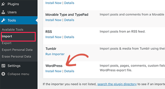 Instalar el importador de WordPress