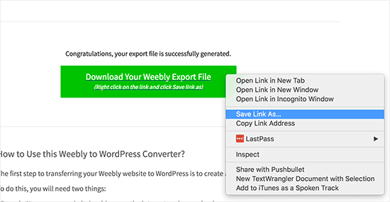 Descarga tu archivo de exportación de Weebly