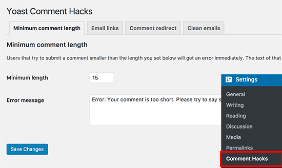 Página de configuración de Yoast Comment Hacks