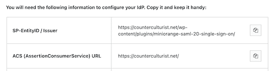 Copiar el ID de la entidad y la URL de ACS
