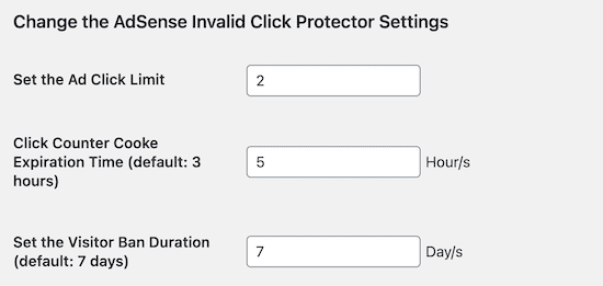 AdSense invalid click protector change settings