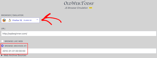 Oldweb.today introduce la URL del sitio web