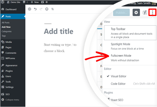 Seleccionar el modo de pantalla completa en el editor de publicaciones de WordPress