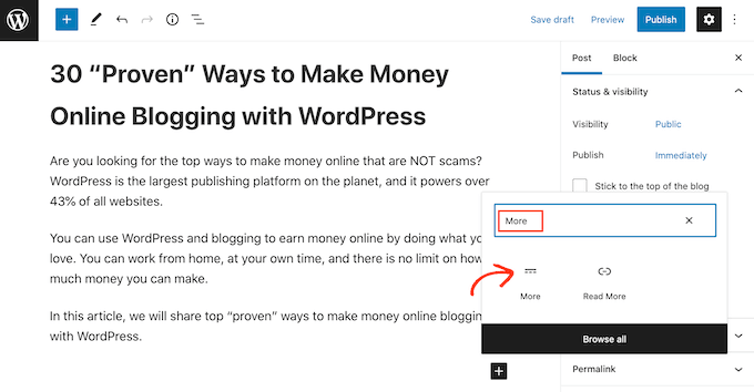 El bloque Más de WordPress, anteriormente la etiqueta Más