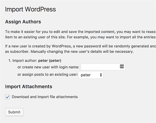 Ajustes de importación de WordPress