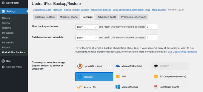 Configuración de la copia de seguridad de UpdraftPlus