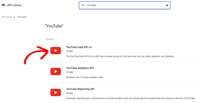 Selecciona la API de datos de YouTube v3