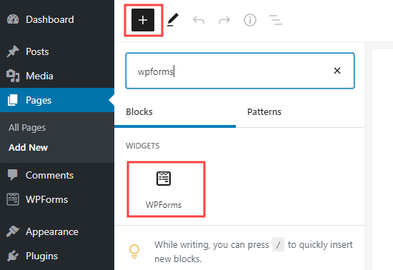 Añade un bloque WPForms a tu página en WordPress