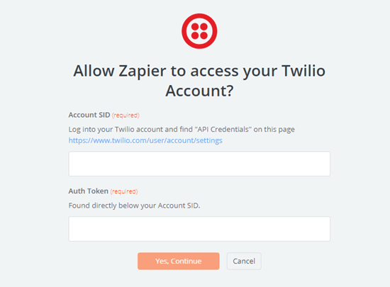 Da acceso a Zapier a tu cuenta de Twilio introduciendo el SID de tu cuenta de Twilio y el auth token