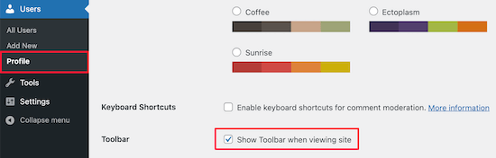 Mostrar la barra de herramientas en el perfil del usuario