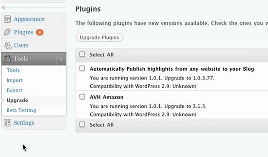 Pantalla de actualización de plugins de WordPress 2.9