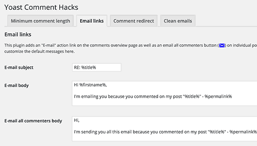 Configuración de los enlaces de correo electrónico en Yoast Comment Hacks