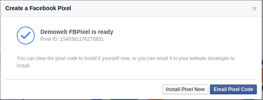 El píxel de Facebook está listo para su instalación