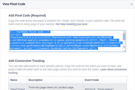 Copiar el código del píxel de Facebook
