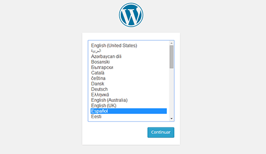 WordPress permite seleccionar el idioma durante la instalación
